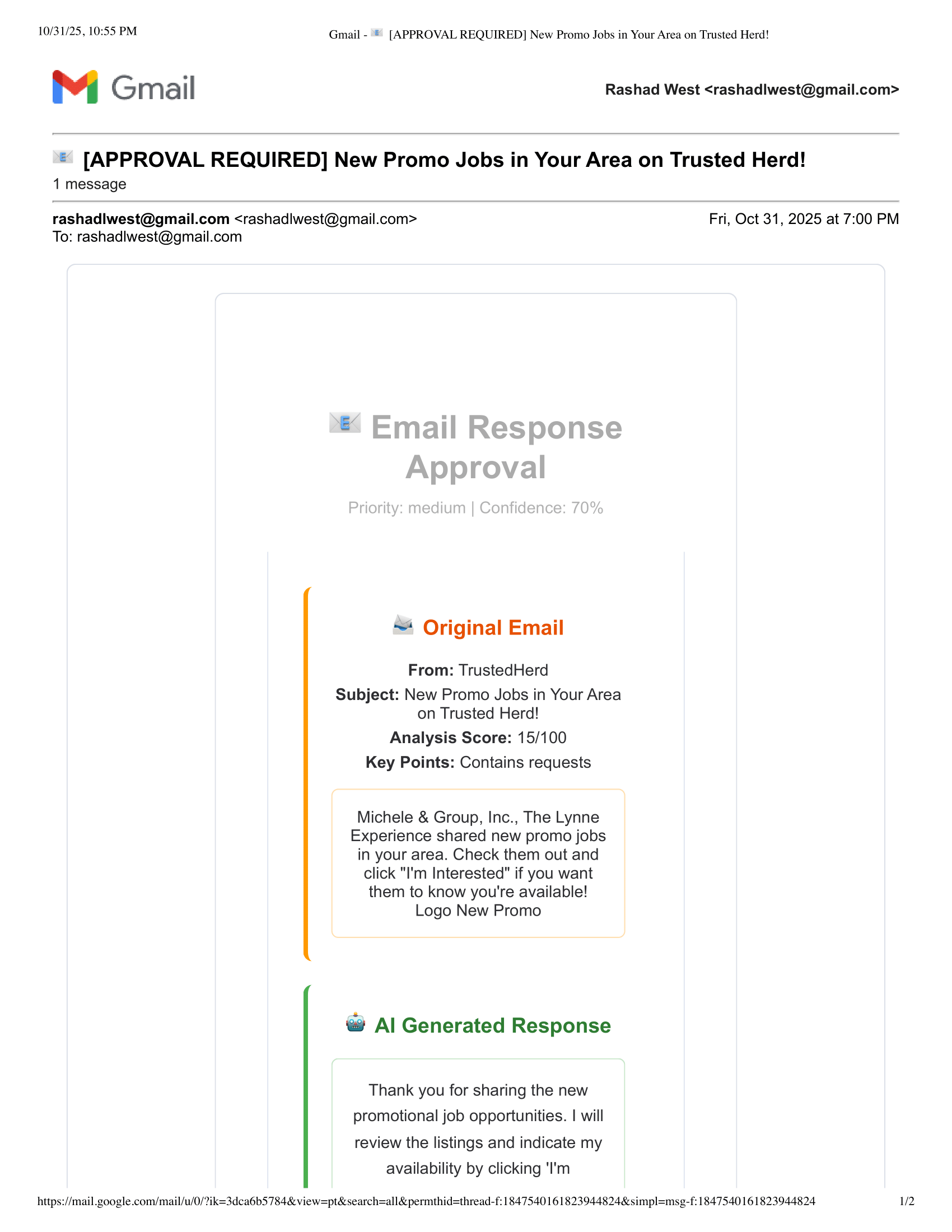 Gmail approval email interface showing AI draft and approval options