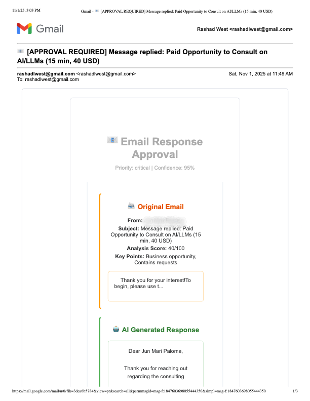 Gmail approval email showing paid consultation opportunity