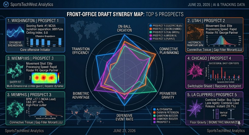 Front-Office Draft Synergy Map — top 5 prospects across on-ball creation, playmaking, gravity, defense, biometrics, and transition