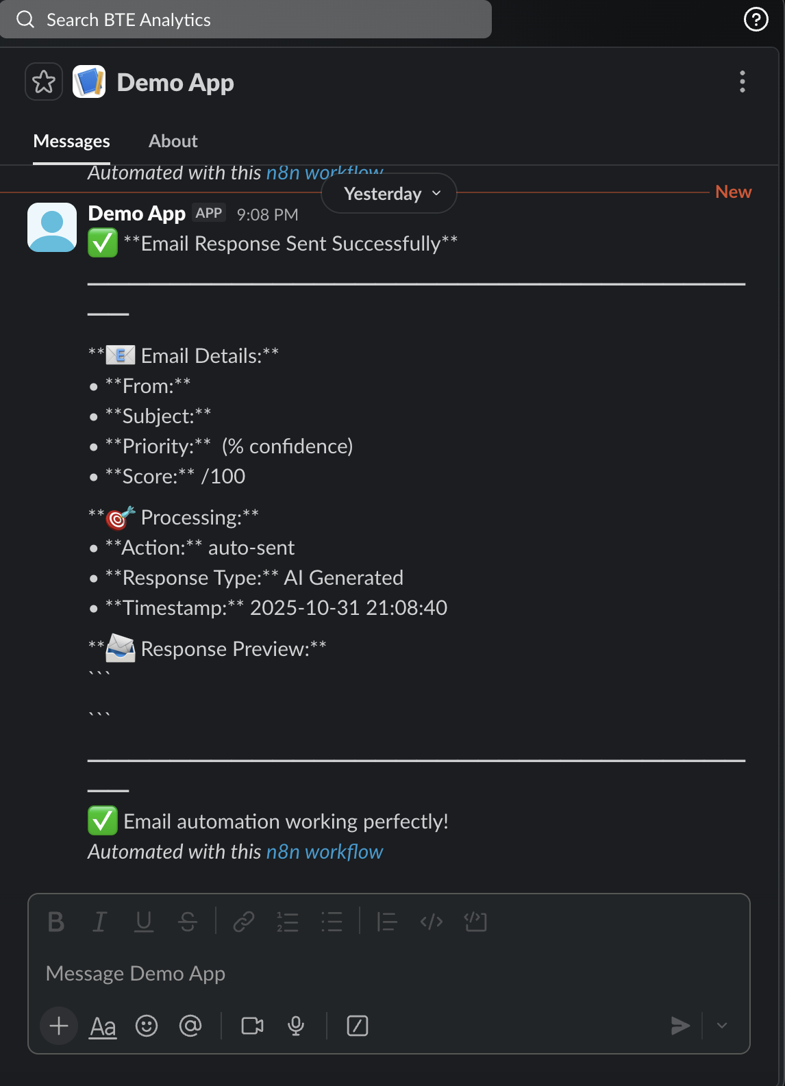 Slack notification showing email automation details and AI response preview