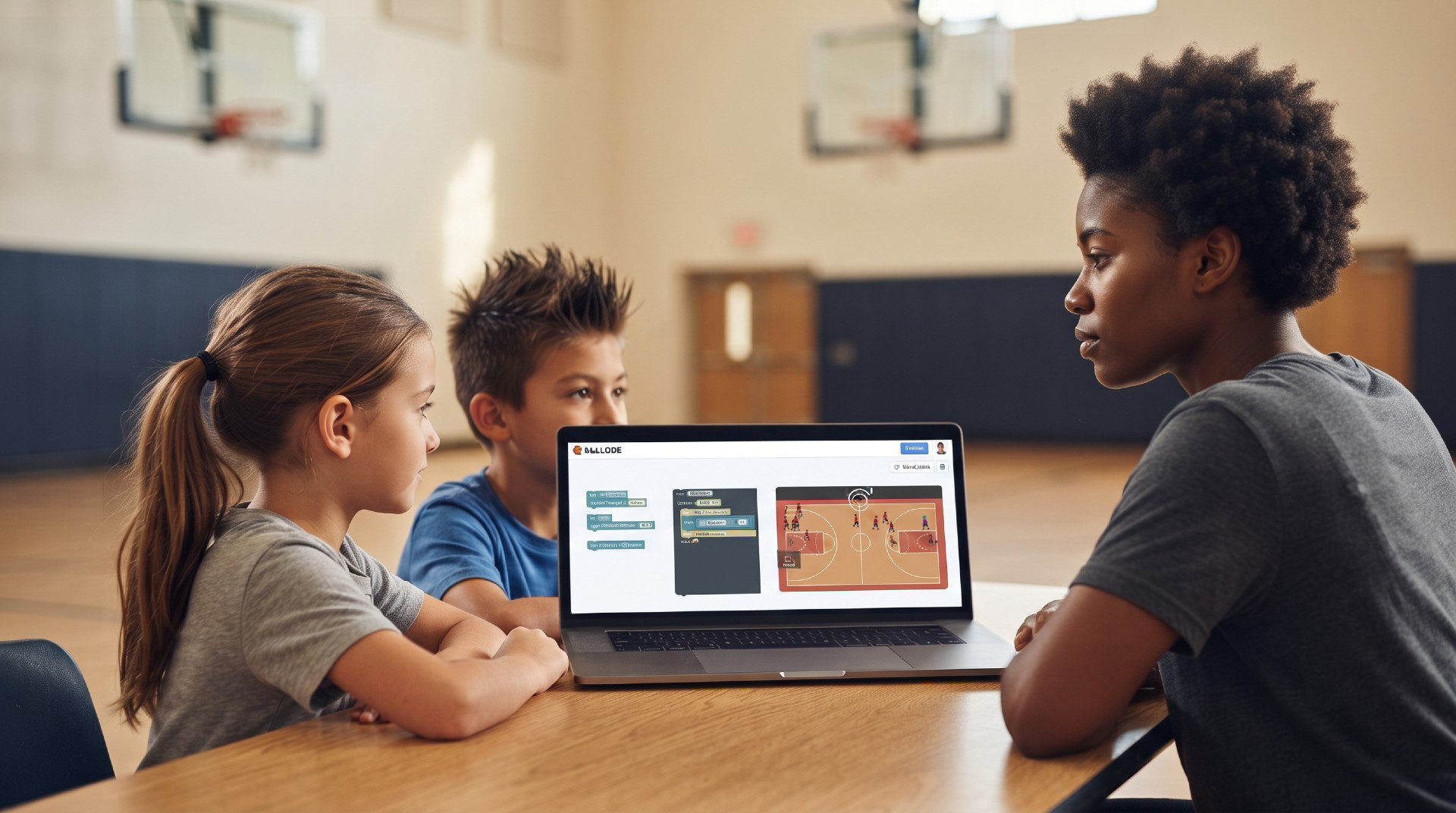 Adult and young learners reviewing BallCODE on a laptop in a basketball gym