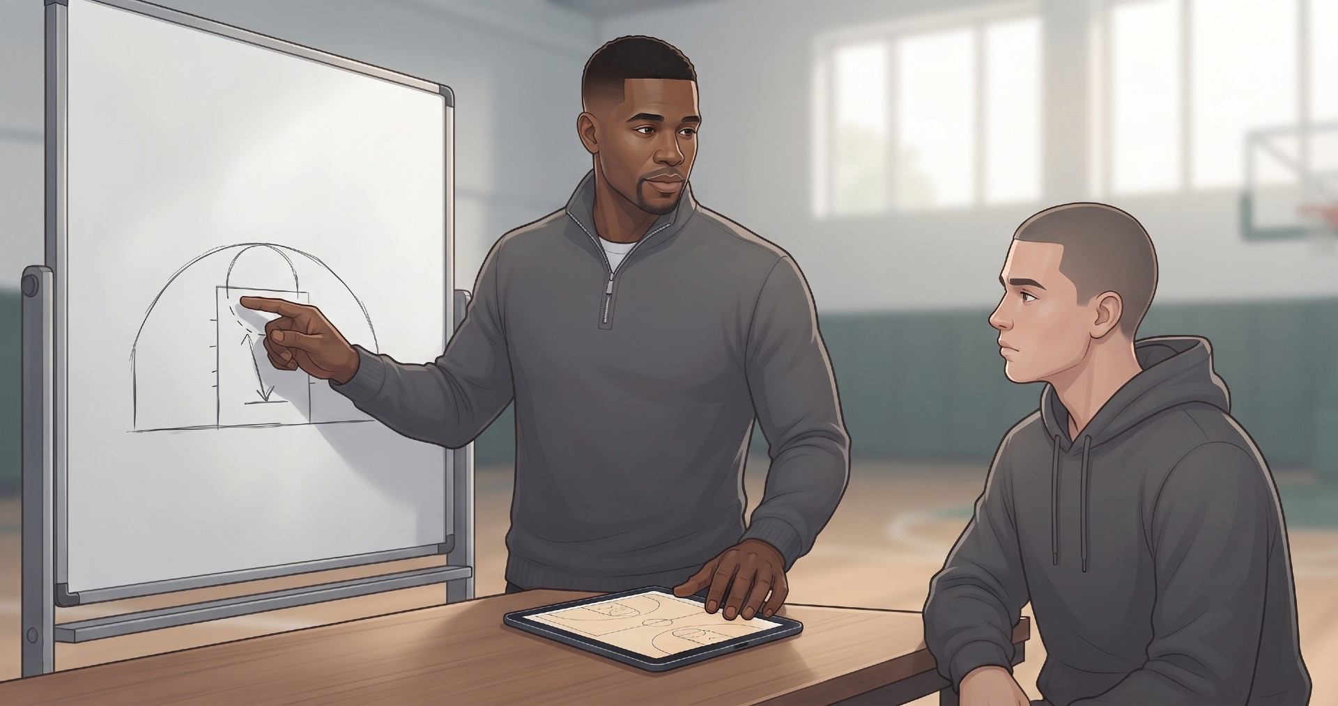 Coach and player reviewing lanes and angles on a whiteboard beside a tablet court diagram
